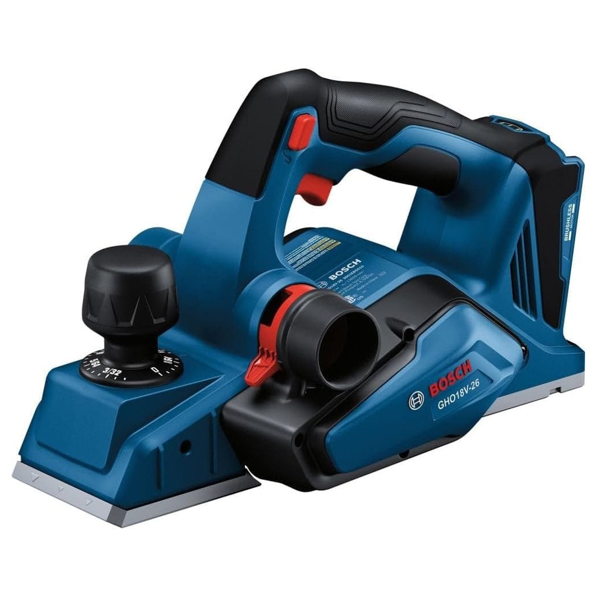 A studio shot of the Bosch 18V brushless planer featuring a blue body, black rubberized handle, and a front depth adjustment knob.
