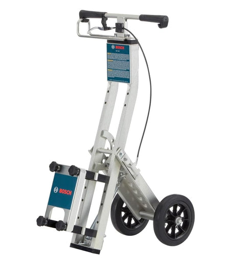 Full view of the silver Bosch GHT130 floor removal cart standing upright, featuring large black wheels, a padded handle bar, and a star-knob mounting bracket.