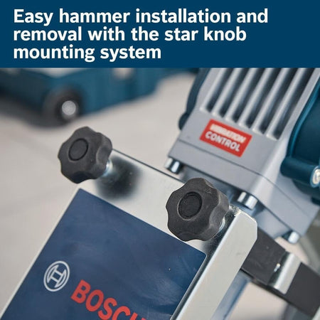 Close-up detail of the black star knobs on the blue Bosch mounting plate, designed for easy tool-free installation and removal of the hammer.