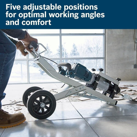 Side view of a worker using the cart with a breaker hammer mounted, demonstrating the ergonomic angle adjustment for optimal leverage during floor scraping.