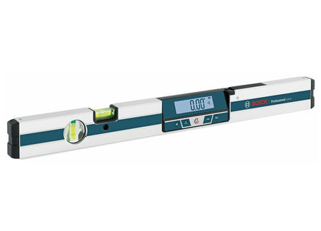 Studio view of the Bosch GIM60 24-inch digital level, showing the aluminum frame, traditional bubble vials, and the illuminated display reading 0.00