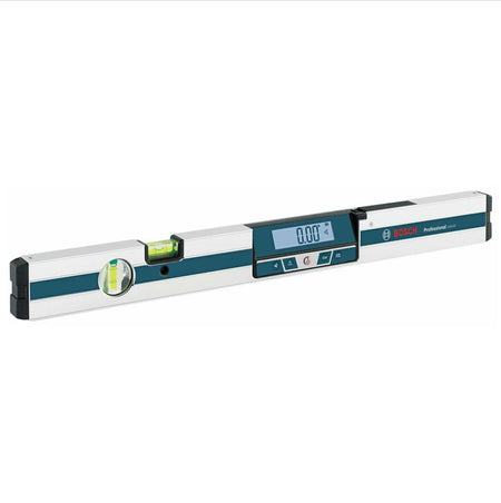 Studio view of the Bosch GIM60 24-inch digital level, showing the aluminum frame, traditional bubble vials, and the illuminated display reading 0.00