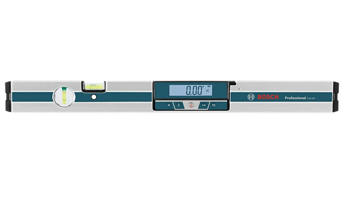 Front view studio shot of the Bosch GIM60 24-inch digital level highlighting the precise 0.00 reading on the backlit display and the traditional bubble vials