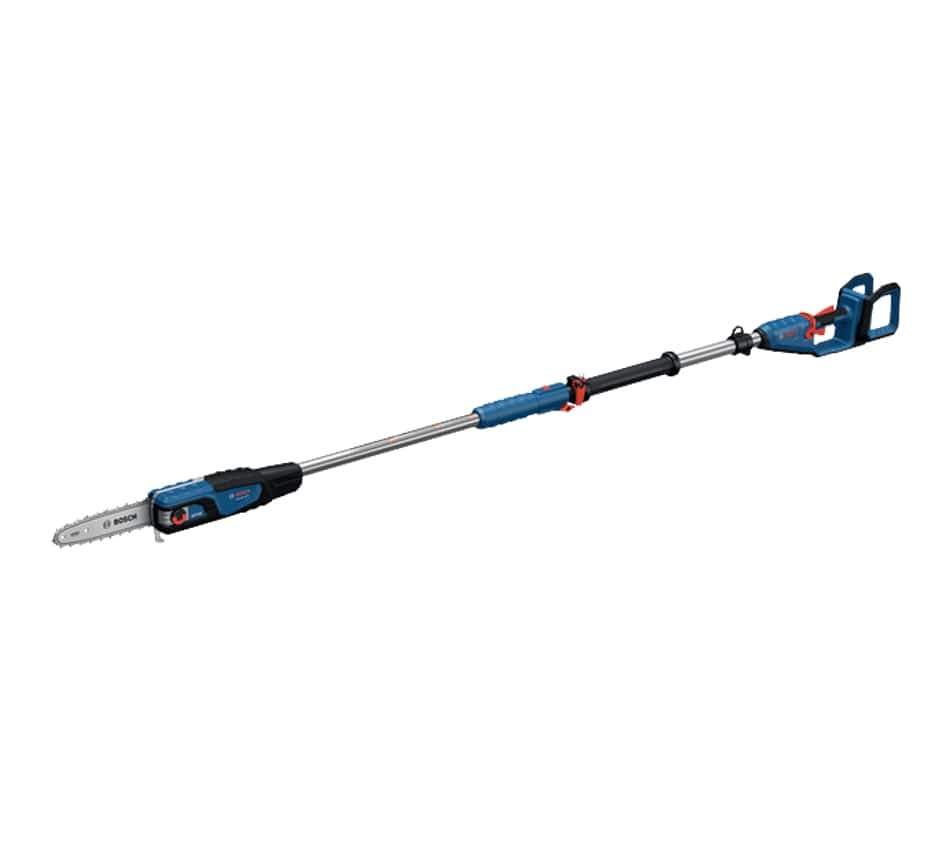 Full side profile of the Bosch GKE18V-25TPN 18V brushless 10-inch cordless telescoping pole saw, showing the extended reach handle and the specialized chainsaw cutting head.