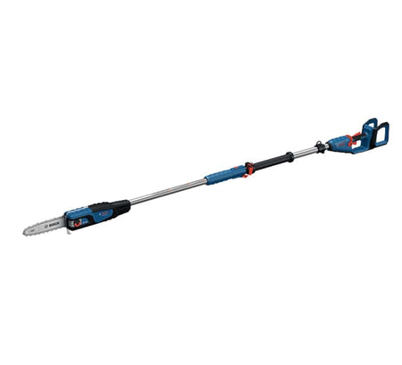 Full side profile of the Bosch GKE18V-25TPN 18V brushless 10-inch cordless telescoping pole saw, showing the extended reach handle and the specialized chainsaw cutting head.