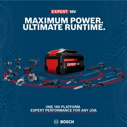 Promotional image displaying the Bosch Expert 18V cordless platform, featuring the pole saw alongside a variety of compatible Bosch power tools and high-capacity batteries.