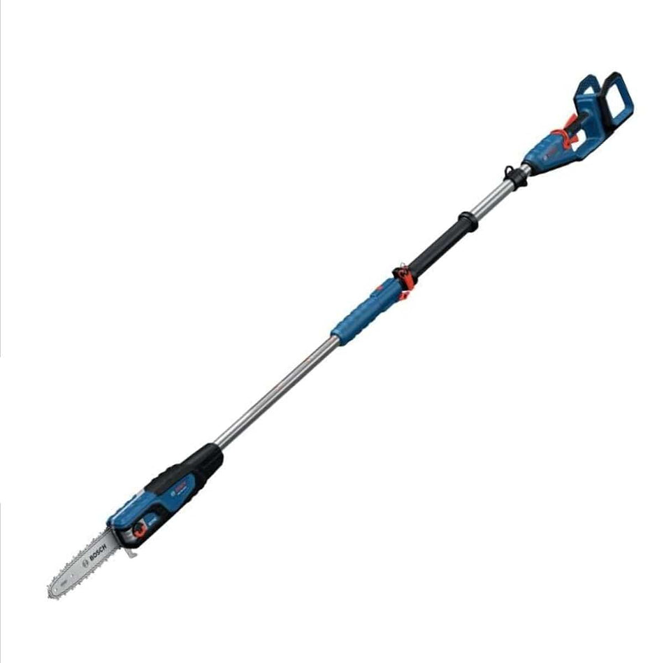 Full side profile of the Bosch GKE18V-25TPN 18V brushless 10-inch cordless telescoping pole saw, showing the extended reach handle and the specialized chainsaw cutting head.