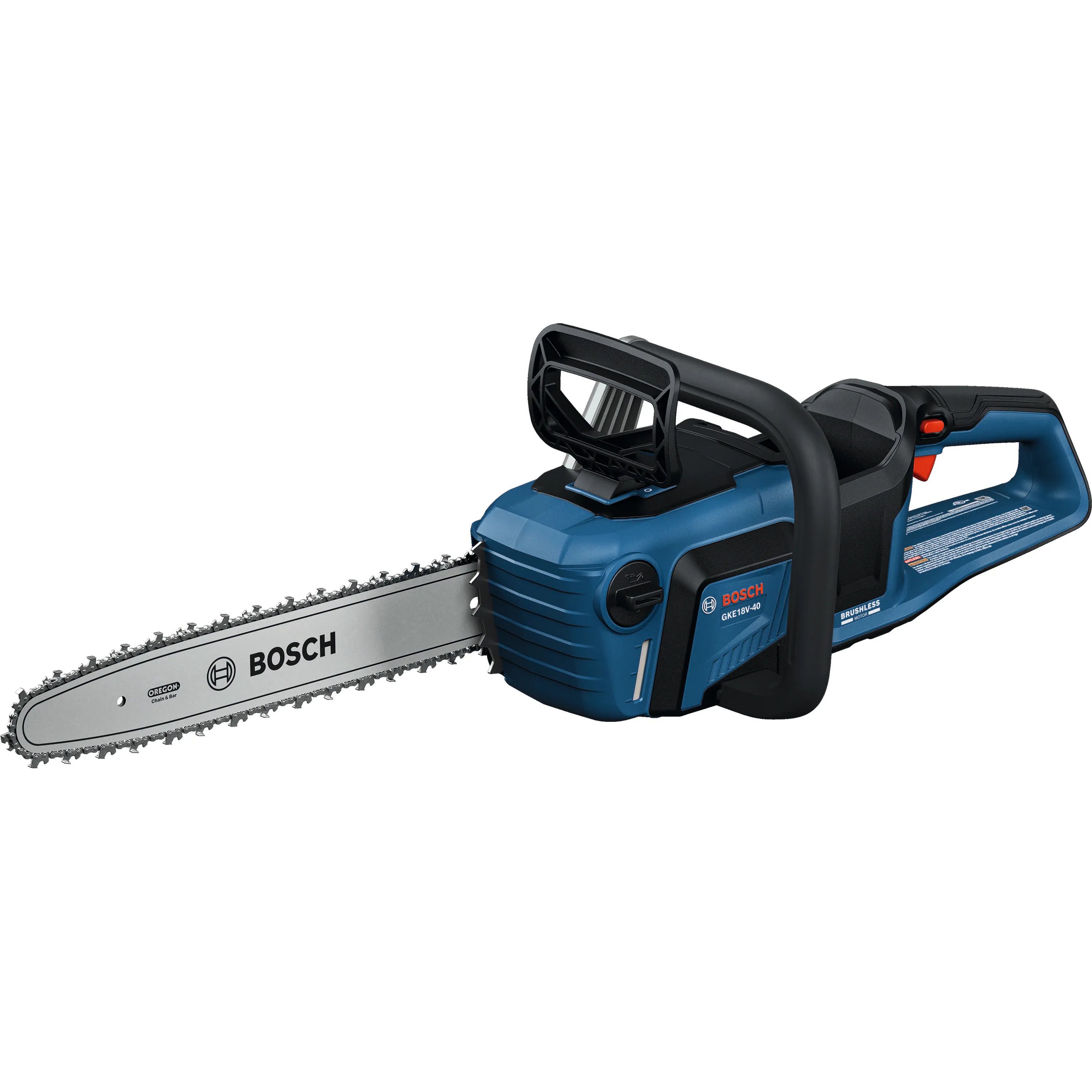 An isolated product studio three-quarter view of the complete Bosch GKE18V-40N 18V brushless cordless chainsaw set against a solid white background, highlighting its 16-inch guide bar, high-visibility white Bosch branding on the bar rail, black wrap-around handle assembly, and durable blue and black motor housing chassis.