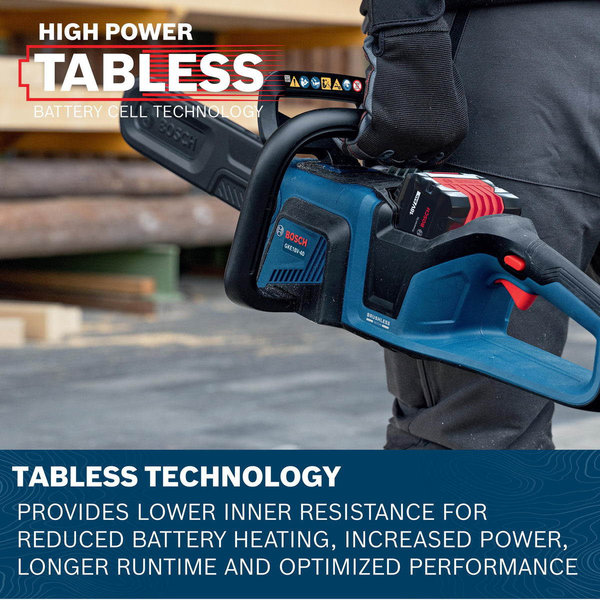 An on-site action shot from behind a worker wearing a black protective glove carrying the lightweight Bosch cordless chainsaw by its top handle next to a lumber yard wood stack, framed under a red marketing logo reading HIGH POWER TABLESS BATTERY CELL TECHNOLOGY and sitting above a dark blue informational banner text panel.
