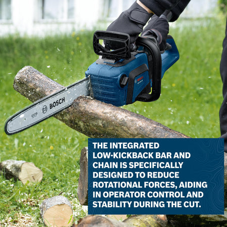 An outdoor action view of a landscaper guiding the Bosch brushless chainsaw through a fallen tree log on a grassy lawn, set above a dark blue promotional banner reading THE INTEGRATED LOW-KICKBACK BAR AND CHAIN IS SPECIFICALLY DESIGNED TO REDUCE ROTATIONAL FORCES, AIDING IN OPERATOR CONTROL AND STABILITY DURING THE CUT.