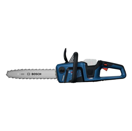 An isolated product studio side profile view of the Bosch 18V brushless 16-inch chainsaw balanced horizontally against a clean white background, detailing its sleek aerodynamic layout, long precision steel guide bar, robust front hand guard shield, and ergonomic rear trigger handle structure.