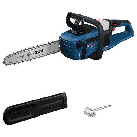 A complete product kit layout on a white background showcasing the Bosch 18V cordless 16-inch chainsaw side-by-side with its matching black plastic guide bar guard protector sheath and a solid steel dual-ended screwdriver wrench combination tool.
