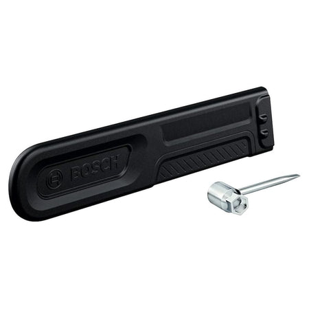 An isolated product shot focusing on the chainsaw accessories against a clean white background, showcasing the heavy-duty black plastic guide bar protective storage sheath embossed with the Bosch logo next to its matching steel scrench wrench service tool.