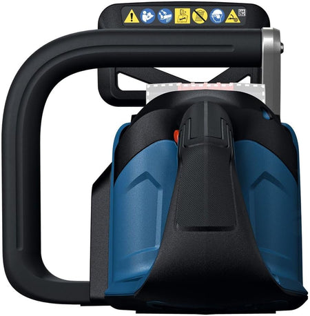 A macro rear-facing technical viewpoint of the chainsaw's upper control handle frame on a white background, highlighting a row of yellow and blue graphic safety warning icon symbols emblazoned across the horizontal front hand guard block.