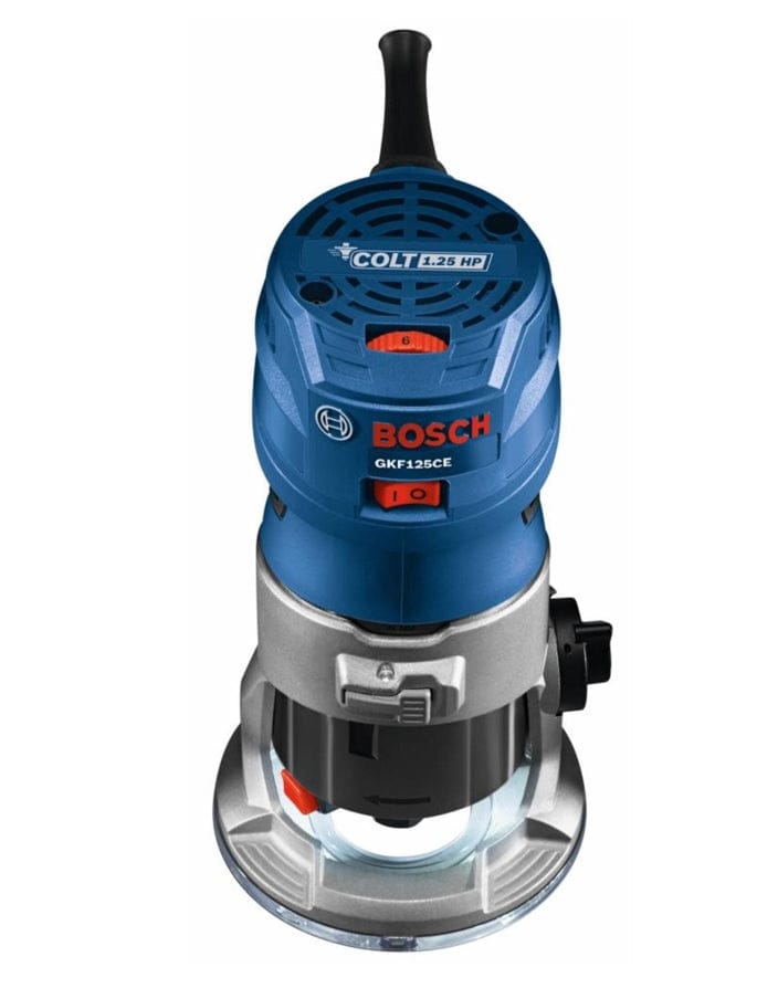 Bosch Colt GKF125CE palm router with transparent base and red power switch; branding and model number visible.
