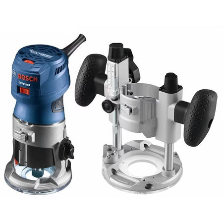 Bosch GKF125CE motor unit and plunge base side by side; both components labeled and positioned for woodworking use.