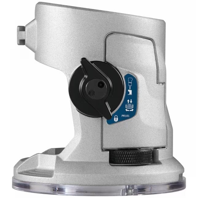 Bosch PR101 router base with clear bottom and labeled adjustment knob; built for stability and depth control.