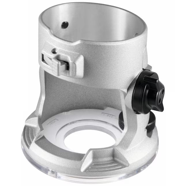 Close-up of metal router base with clear bottom and adjustment knob; designed for precision woodworking control.