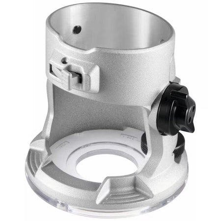 Close-up of metal router base with clear bottom and adjustment knob; designed for precision woodworking control.