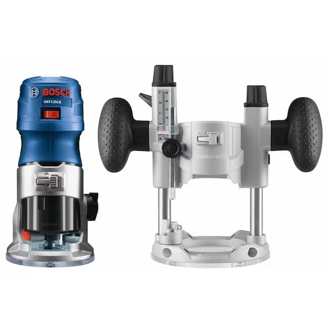 Bosch GKF125CE palm router next to plunge base attachment; both components shown on flat surface for comparison