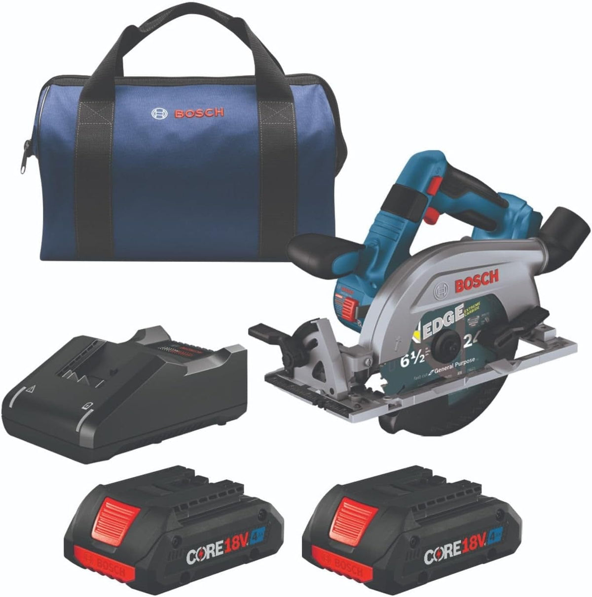 A studio product shot of the Bosch 18V brushless 6-1/2 inch circular saw kit, including the blade-left circular saw with an installed carbide-tooth blade, two CORE18V 4.0 Ah advanced power batteries, a battery charger, and a blue and black Bosch carrying bag.