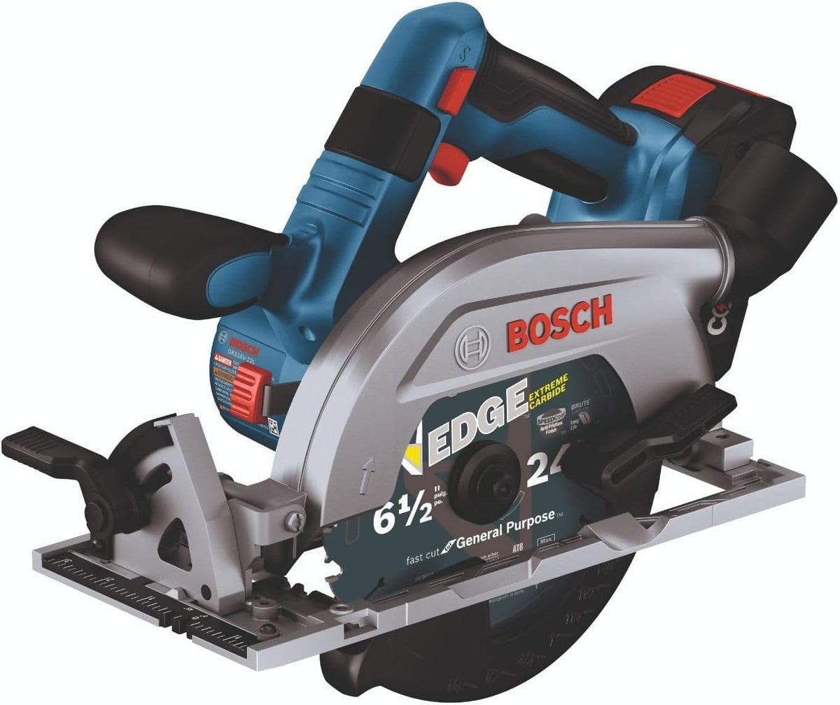 A close-up studio shot showing the right side and front of the Bosch 18V 6-1/2 inch circular saw, highlighting the silver upper blade guard, black auxiliary handle, and the installed 24-tooth carbide circular saw blade.
