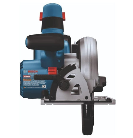 A front-facing view of the circular saw showing the blade-left orientation, the metal base plate, and the bevel adjustment scale at the front of the tool.