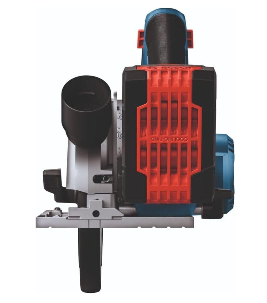 A rear-facing view of the circular saw showing the back of the motor housing with red cooling fins, the rear handle, and the dust exhaust port located on the right side of the tool.