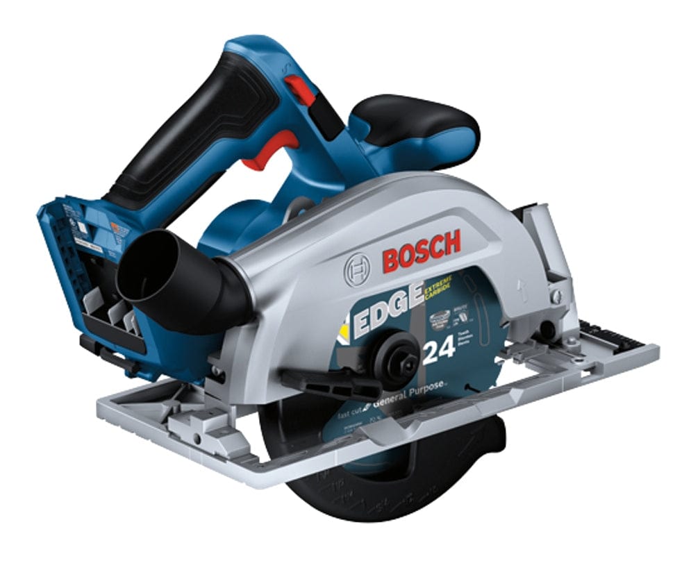 Bosch cordless circular saw with EDGE 24-tooth carbide blade and black handle; compact design for cutting tasks.