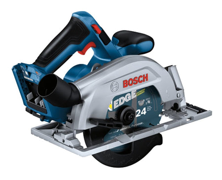 Bosch cordless circular saw with EDGE 24-tooth carbide blade and black handle; compact design for cutting tasks.
