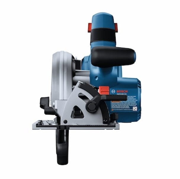 Bosch circular saw with silver blade guard and adjustment mechanisms; ergonomic handle and branding clearly shown.
