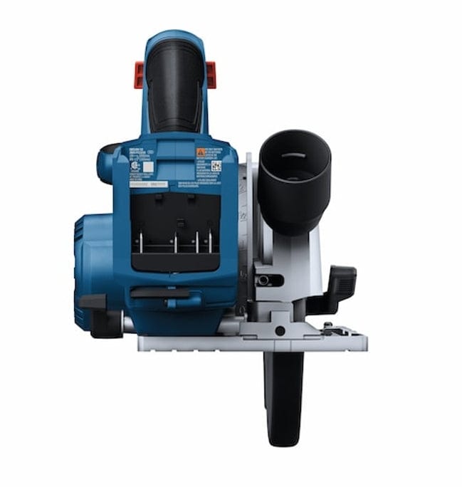 Front view of Bosch circular saw showing motor housing, dust port, and base plate; safety labels visible.