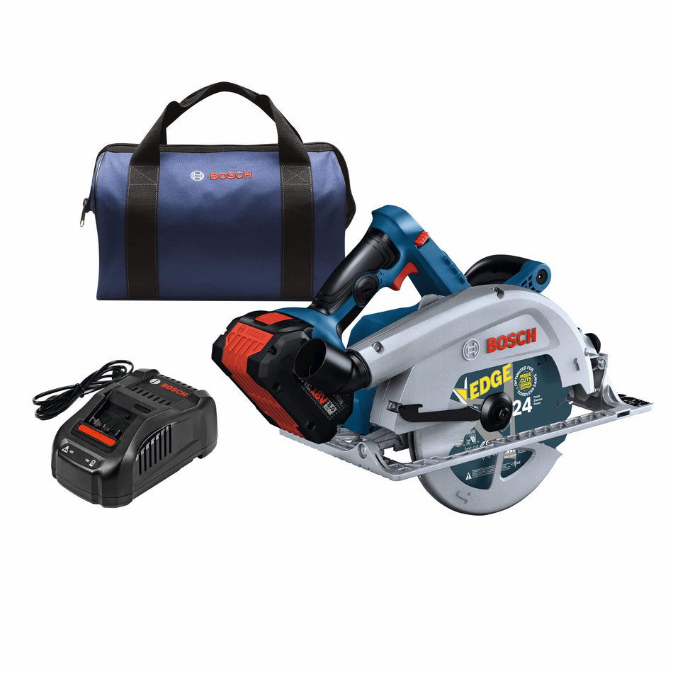 A studio product kit layout of the Bosch GKS18V-25C circular saw set against a plain white background, featuring the 7-1/4 inch cordless circular saw with an attached red and black CORE18V 8.0 Ah battery, an 18V lithium-ion fast battery charger, and a blue woven canvas Bosch tool storage bag with black carry straps.