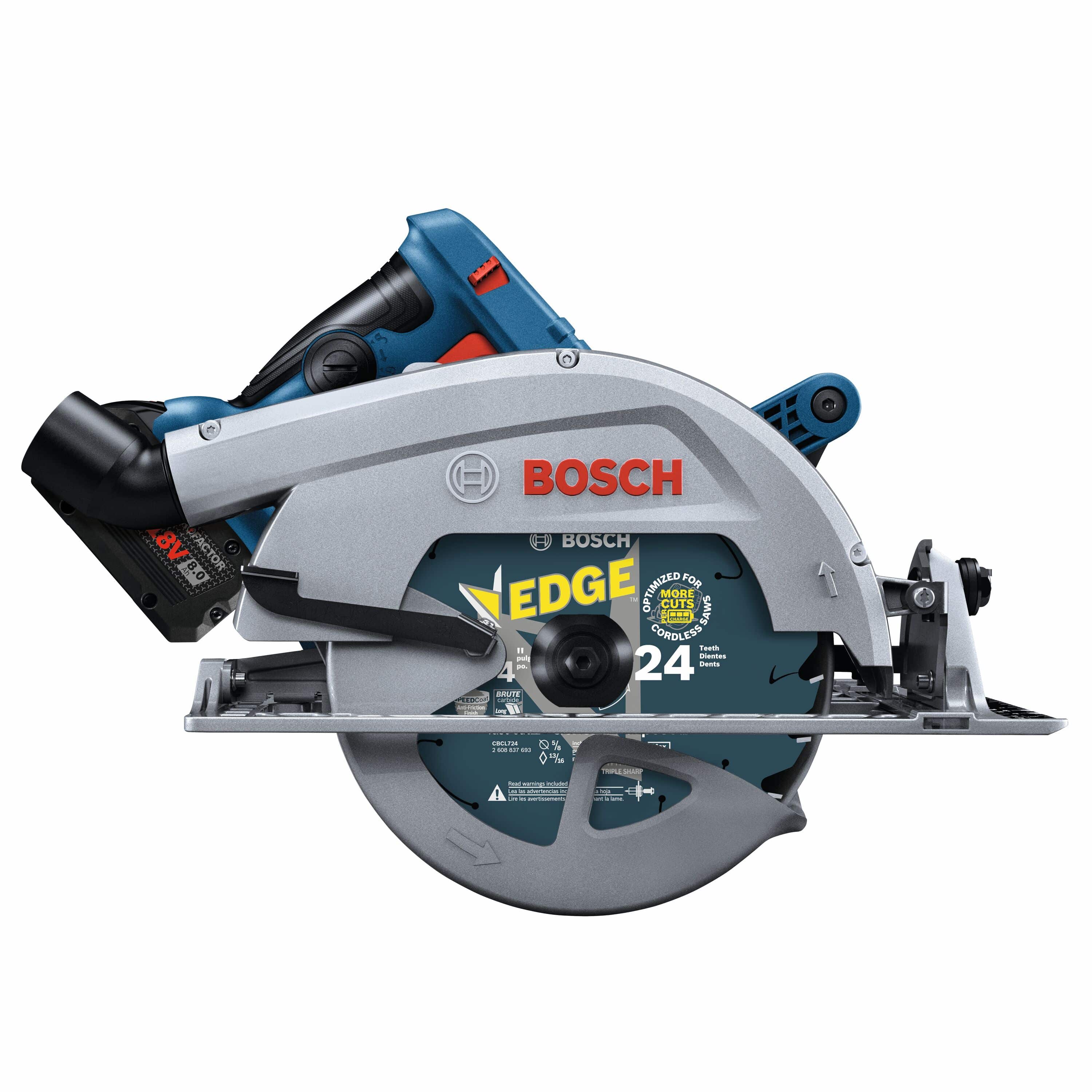 A direct side profile studio shot of the silver and blue Bosch GKS18V-25C cordless circular saw, detailing its premium 7-1/4 inch 24-tooth carbide Edge circular saw blade, unibody magnesium blade guard, upper dust extraction connection elbow, and rear-facing 18V battery terminal setup.