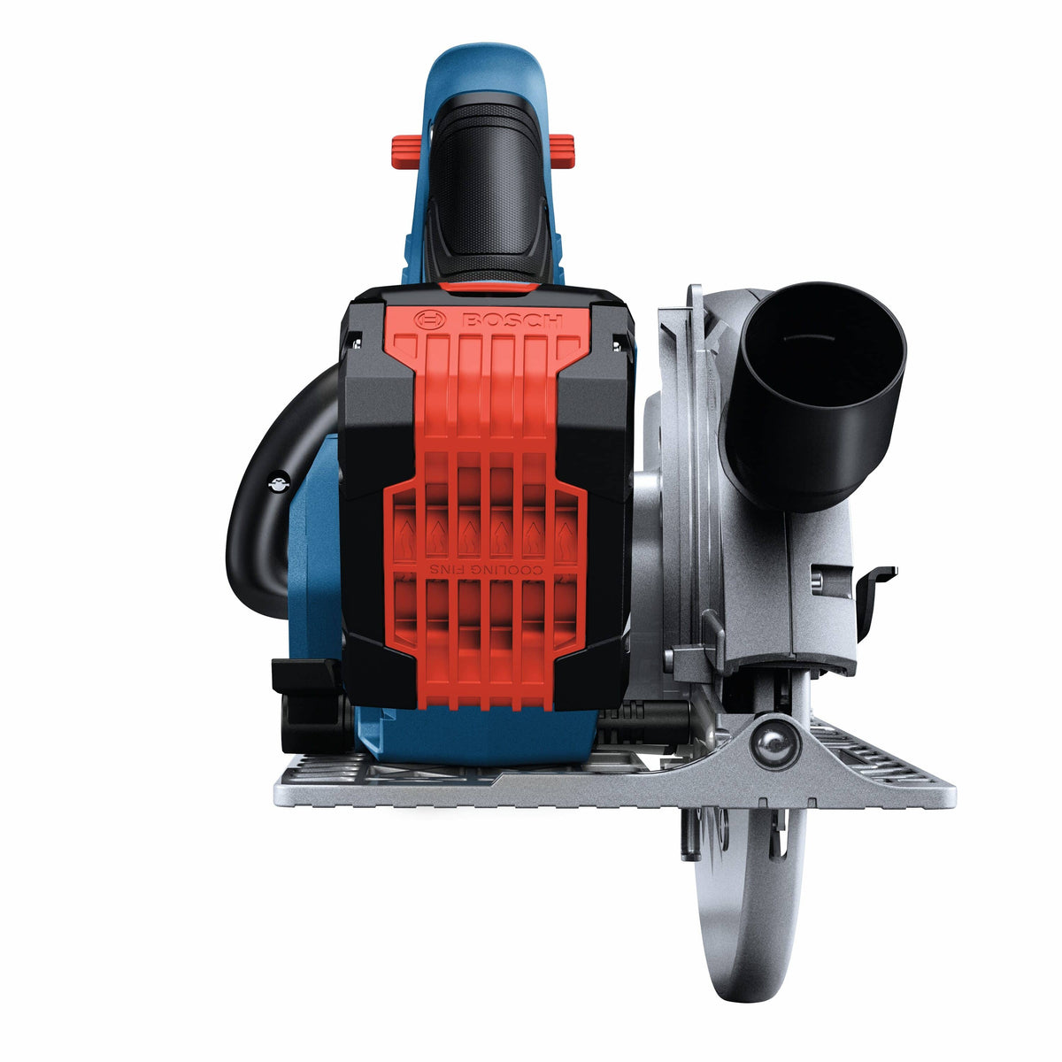 A direct rear product perspective view of the Bosch PROFACTOR 7-1/4 inch circular saw, highlighting the red and black back panel configuration of the attached high-capacity CORE18V battery pack with molded cooling fins, the black rubberized top main grip handle, and the wide cylindrical opening of the 360-degree pivoting dust collection port.