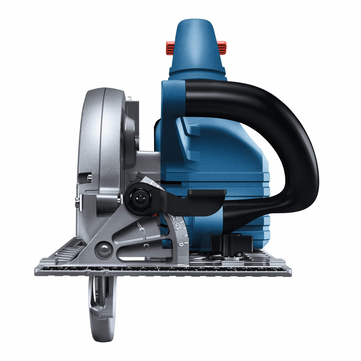 A direct front product view looking head-on at the unibody shoe plate of the Bosch GKS18V-25C cordless saw, showcasing the large black looping front auxiliary handle, the silver magnesium pivoting base, and the integrated front angle adjustment bracket with stamped bevel degree gradient lines.