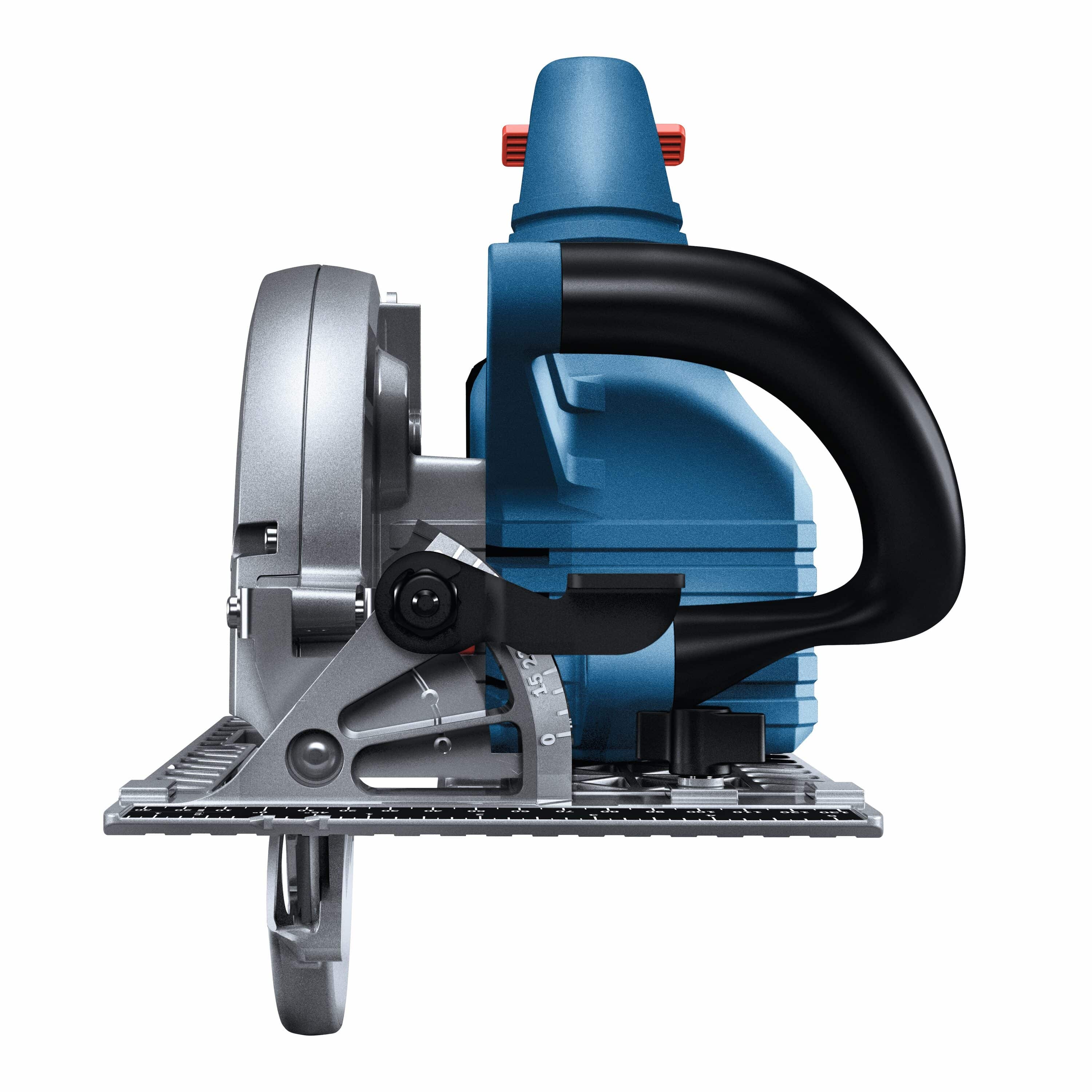 A direct front product view looking head-on at the unibody shoe plate of the Bosch GKS18V-25C cordless saw, showcasing the large black looping front auxiliary handle, the silver magnesium pivoting base, and the integrated front angle adjustment bracket with stamped bevel degree gradient lines.