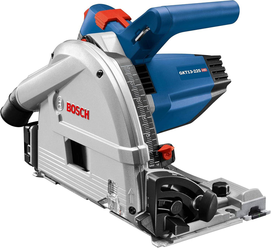 Perspective view of the Bosch GKT13-225L 13-Amp corded plunge action track saw highlighting the precision depth adjustment scale, magnesium footplate, and ergonomic top handle.