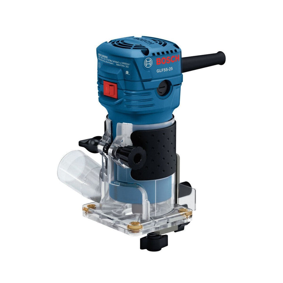 A front-angled product shot of the standalone Bosch GLF55-25 Laminate Trim Router isolated against a white background. This compact fixed-base electric hand trimmer showcases a professional blue motor housing, a red power switch, a black auxiliary handle grip, a front-mounted rack-and-pinion depth adjustment dial, and a clear transparent sub-base plate complete with an attached transparent dust collection vacuum hose adapter.