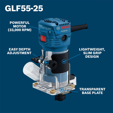 Bosch GLF55-25 laminate trim router features layout diagram optimized for search engine algorithms. Set against a solid dark blue background, thin pointer lines highlight specific component benefits on the tool, labeling the powerful 4.3-Amp 33,000 RPM motor, easy rack-and-pinion depth adjustment, lightweight slim grip design, and clear transparent base plate.