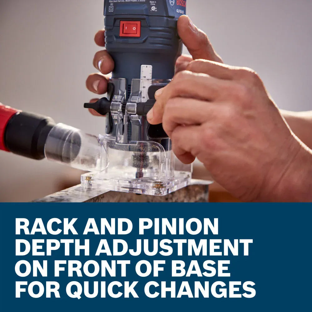 A close-up view of a woodworker's hands using the front-mounted rack-and-pinion thumb knob to set micro-fine depth adjustments on the Bosch GLF55-25 palm router base. The tool is positioned over a granite or solid-surface countertop workpiece edge, set above a lower marketing text banner reading Rack and pinion depth adjustment on front of base for quick changes.