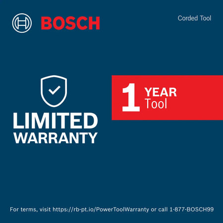 Official product warranty terms card for the Bosch Corded Tool lineup on a deep blue background layout. The marketing card displays graphic text detailing a standard 1 year tool limited warranty policy alongside online registration links and customer support service contact details to ensure reliable consumer protection.