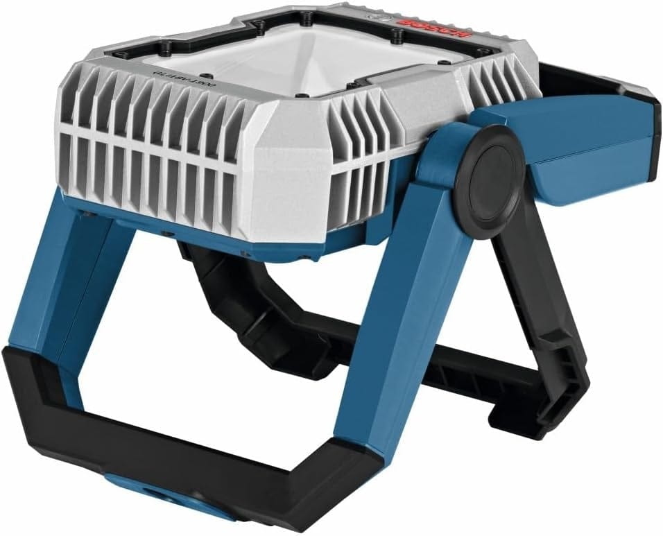 Side view of the Bosch 18V LED floodlight in a fully collapsed position, demonstrating its compact storage design.