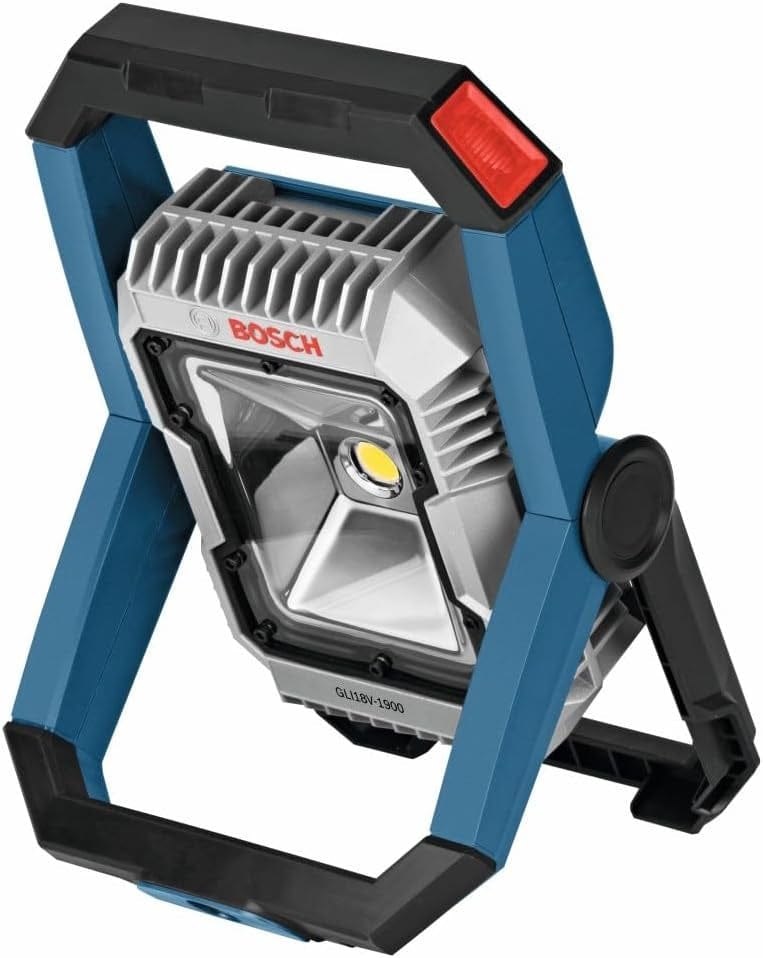 Three-quarter view of the Bosch GLI18V-1900 floodlight adjusted to a forward-facing angle on its black swiveling stand.