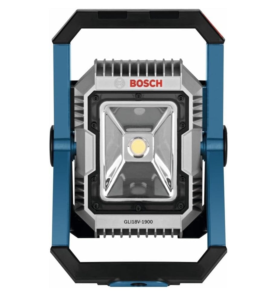 Direct front view of the Bosch 18V cordless LED floodlight showing the single central LED and the protective blue and black outer frame.