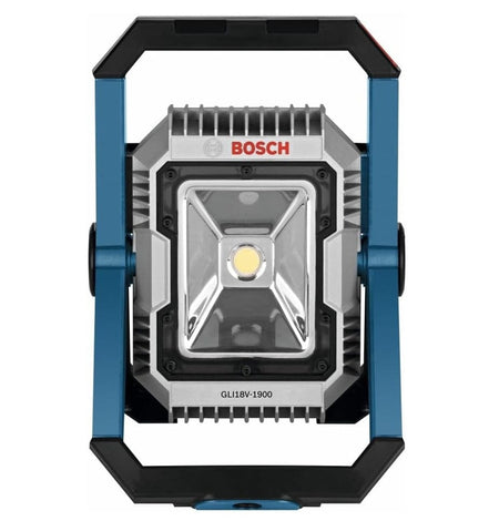 Direct front view of the Bosch 18V cordless LED floodlight showing the single central LED and the protective blue and black outer frame.
