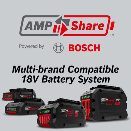 Infographic showing five different Bosch 18V lithium-ion batteries ranging from compact to high-capacity models. The text above states Multi-brand Compatible 18V Battery System, part of the AMPShare system powered by Bosch.
