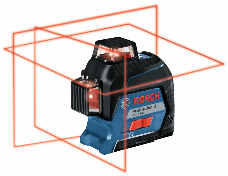 Bosch GLL 3-80 laser level projecting three 360-degree red laser lines forming a grid. The device has a robust black and blue casing and is designed for multi-plane alignment in construction and carpentry.