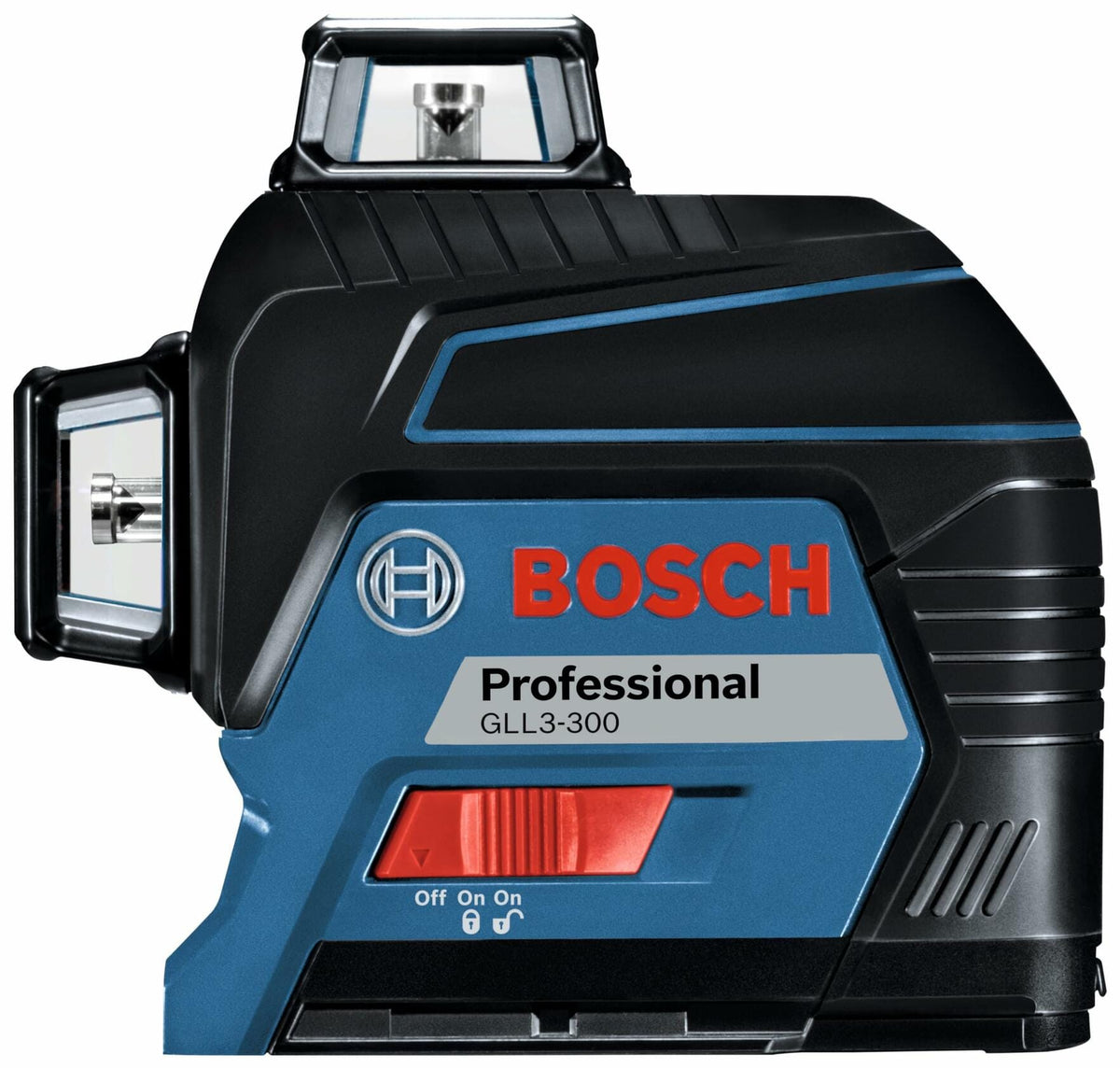 Close-up of Bosch GLL3-300 laser level showing three laser windows for 360-degree coverage. Features include a red “Off/On” switch with lock icon and rugged casing for professional-grade durability