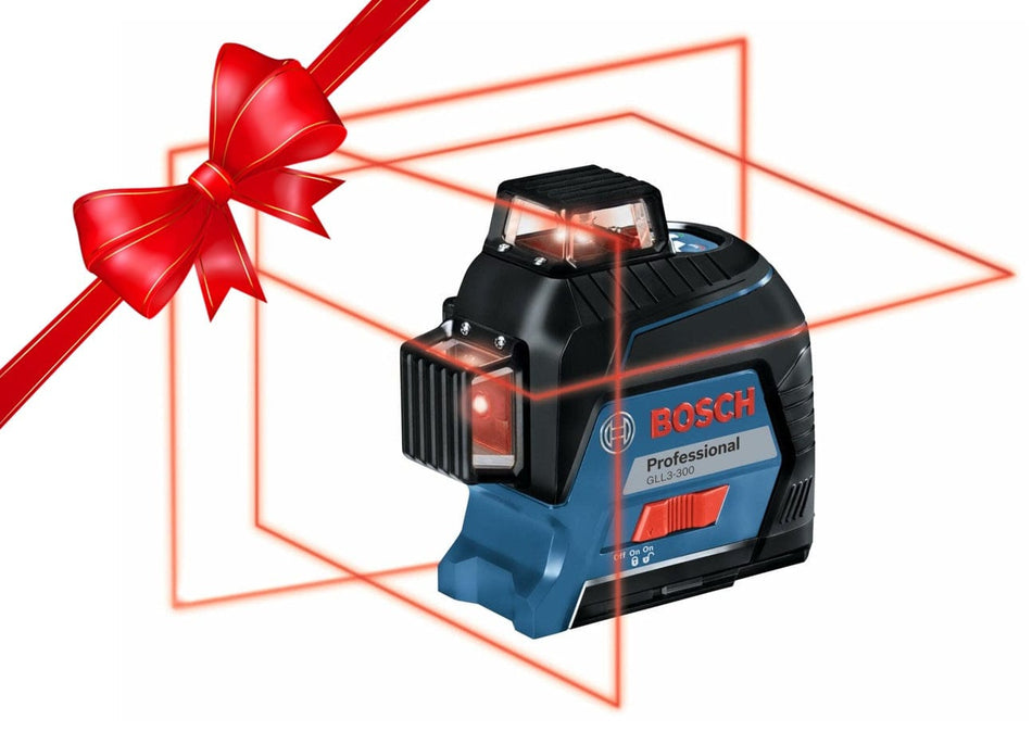 Bosch GLL 3-80 laser level projecting three 360-degree red laser lines forming a grid. The device has a robust black and blue casing and is designed for multi-plane alignment in construction and carpentry on a white background with a christmas ribbon in the corner.